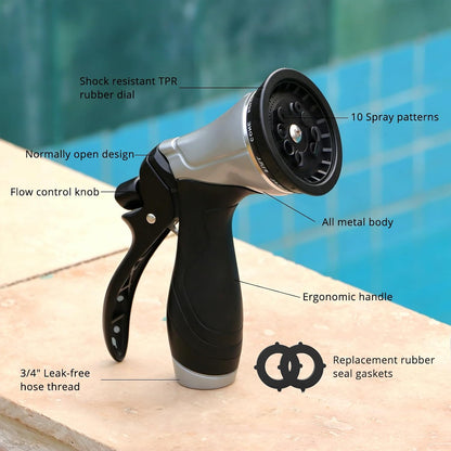 QUOBAS Metal Garden Hose Nozzle, Heavy Duty Water Hose Sprayer, Leak Proof | 10 Pattern Water Nozzle with Rubber Gasket, Garden Sprayer for Watering Plants, Washing Cars, Pet Shower, Blue