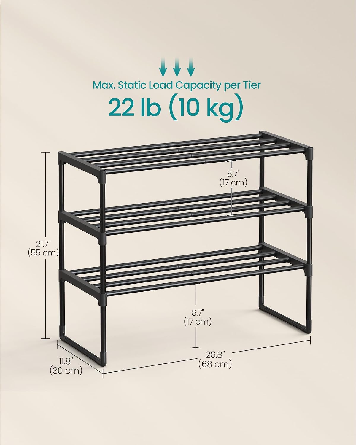 SONGMICS Shoe Rack, 6-Tier Shoe Organizer, Metal Storage Shelf, Upright or Upside Down, for 24-30 Pairs, Stackable, for Entryway, 11.8 x 36.2 x 42.7 Inches, Black ULSA306BH01