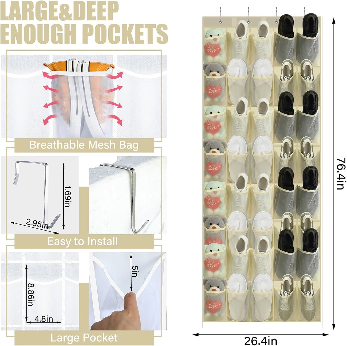 Windyun 40 Over The Door Shoe Organizer, Large Mesh Pocket Hanging Shoe Rack Hanger Large Capacity Gray Behind The Door Storage Holder for Dorm College Closet Entryway Bedroom Utility Room Women Men
