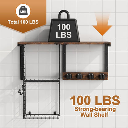 Housolution Broom Holder Wall Mount with Cleaning Supplies Organizer, 100 LBS High Load-Bearing Laundry Room Storage Shelves, Multifunctional Mop Hanger Rack with 2 Baskets, 4 Grippers & Hooks