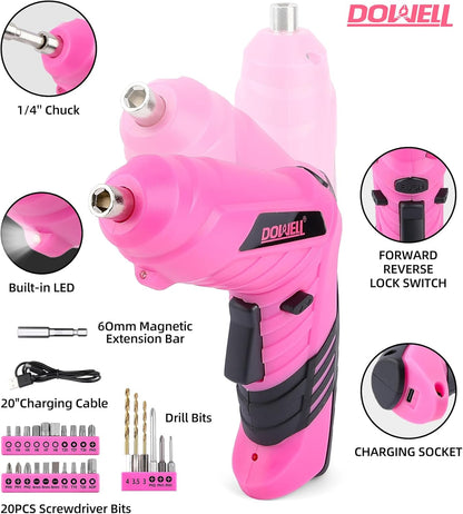 143 Pcs Pink Homeowner Tool Set with 3.6V Cordless Screwdriver General Household Hand Tool Kit with Plastic Tool box Storage Case for Women,Men