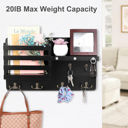 Decorative Key Hanging Rack with 10 Hooks – Easy Install Natural Wooden Key and Mail Holder for Wall Mount – Entryway Decor Rack with Shelf (Black)
