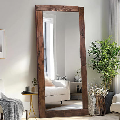 Solid Wood Full Length Mirror - 65"x22" Arched Floor Mirror, Free Standing & Wall Mounted - Elegant Design for Bedroom, Dressing Room, Hallway, Brown