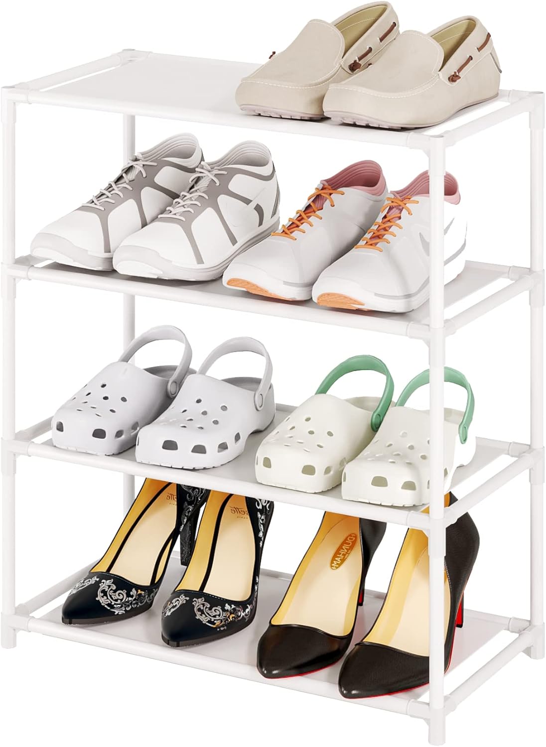 Small Shoe Rack 6-8 Pairs Sturdy Shoe Shelf 4-Tiers Narrow Stackable Shoe Organizer,Lightweight Kids Shoe Racks for Entryway, Doorway and Closet（Black）