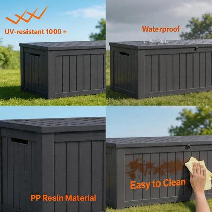 MAKINO 152 Gallon Resin Outdoor Storage Box, Waterproof Deck Box with Lockable Lid, Outside Storage Box for Patio Furniture, Pool Accessories, Garden Tools, Storage Bench for Backyard, Porch, Black