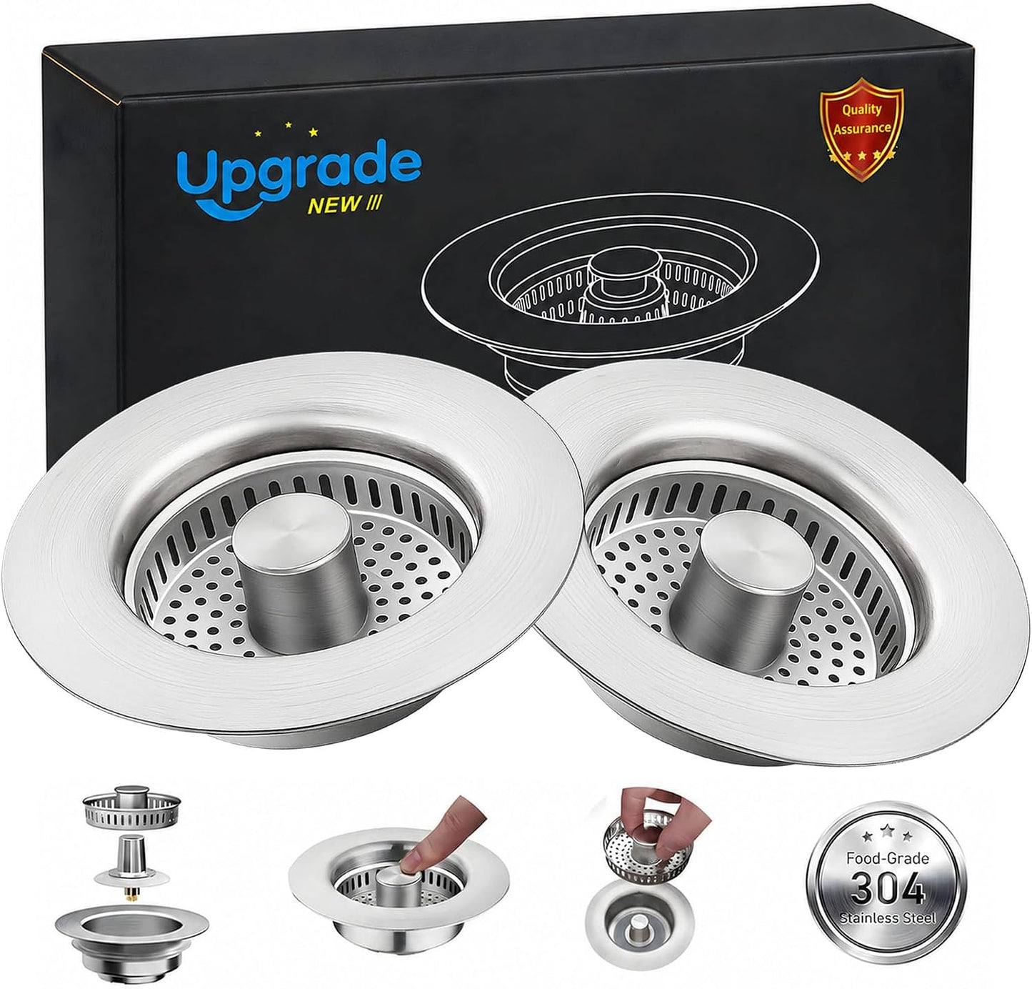 YYKBZ 3 in 1 Kitchen Sink Drain Strainer， Stainless Steel Pop Up Sink Stopper， Plug for Sink Drain Strainer with Anti-Clogging Basket for Us Standard 3-1/2"Drain Easy to Install （1pcs）