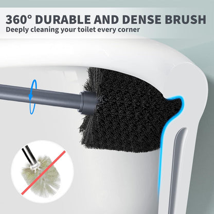 Toilet Brush, Toilet Bowl Brush with Extra Long Handle Durable Bristles Toilet Scrubber and Covered Holder for Toilet Brush Set for Bathroom Cleaning (Black, 1 Set)