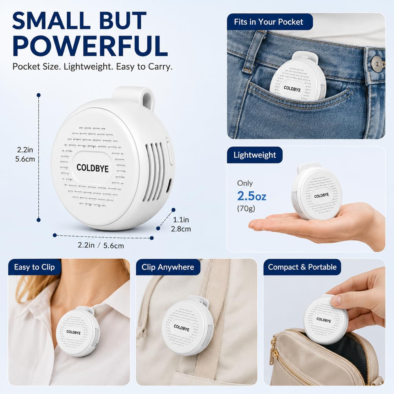 ColdBye Bladeless Shirt Clip Fan for Waist & Clothing, Wearable Personal Cooling Fan with 3 Speeds, USB-C Rechargeable Hands-Free Mini Portable Fan for Work, Travel, Camping & Outdoor Activities