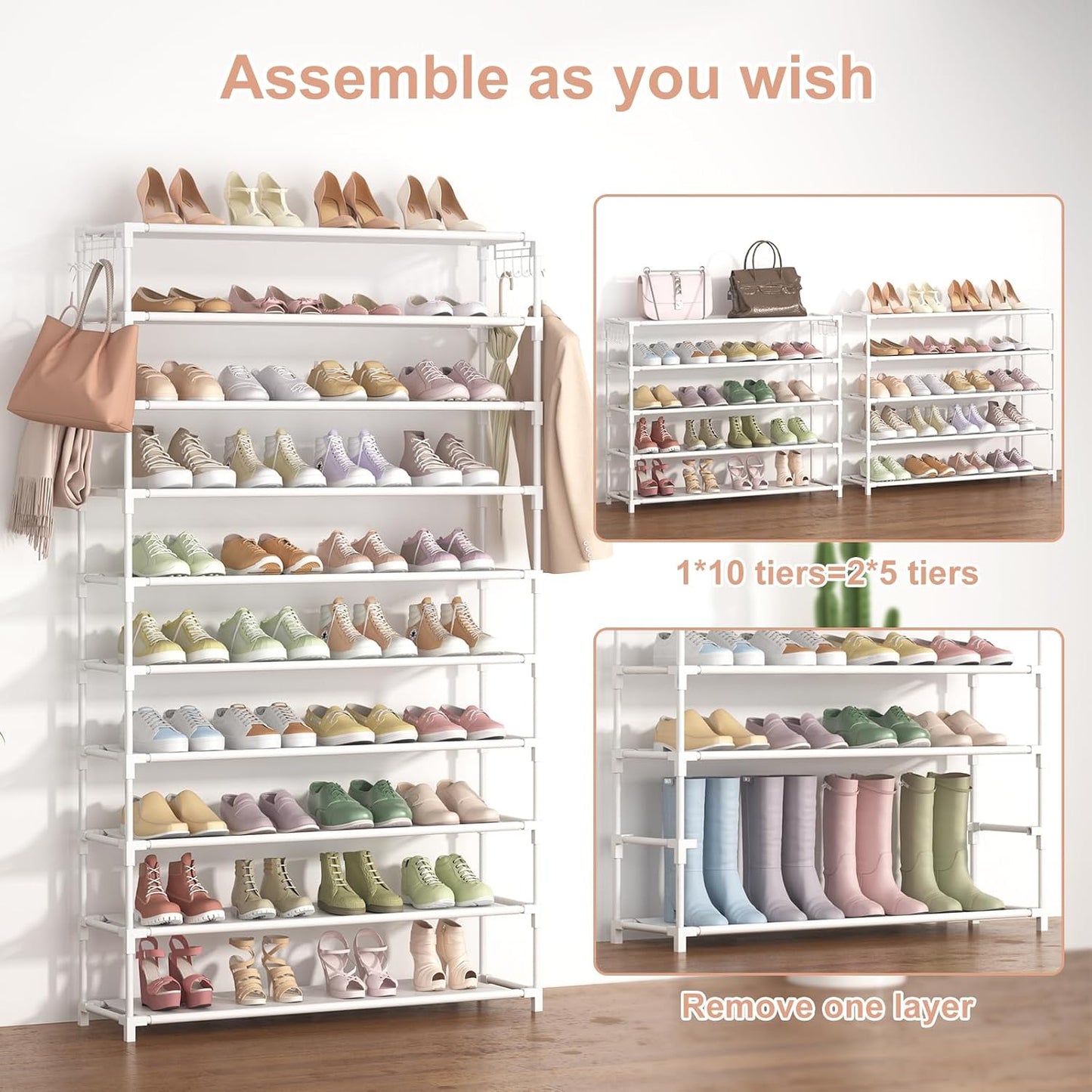 LANTEFUL 10 Tiers Shoe Rack 50 Pairs Large Capacity Tall Shoe Organizer Sturdy Shoe Storage with Two Hooks Space Saving Metal Wide Shoe Rack for Closet, Entryway, Bedroom, Black