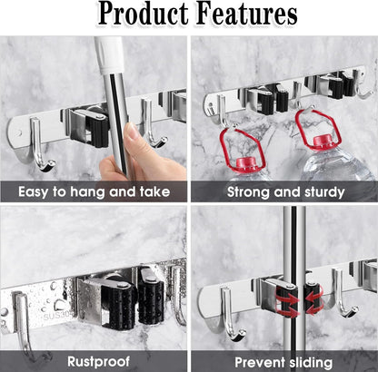 AceMining Broom Holder Wall Mount, 3 Racks 4 Hooks Heavy Duty Mop Organizer | Mop Holder Wall Mount and Broom Hanger for Garage, Laundry Room, Kitchen and Utility Storage