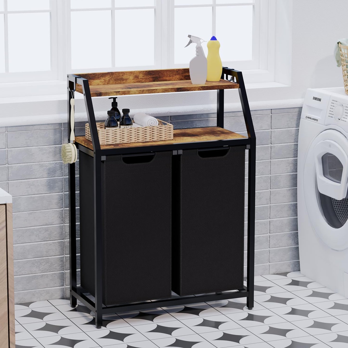 Timberer Laundry Hamper, Laundry Sorter 3 Section, Rolling Laundry Basket with Wheels, 2 Shelves, 3 × 14.5 Gal, Pull-Out and Removable Oxford Fabric Bags, for Laundry Room, Black and Rustic Brown