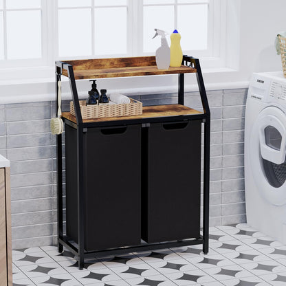Timberer Laundry Hamper, Laundry Sorter 3 Section, Rolling Laundry Basket with Wheels, 2 Shelves, 3 × 14.5 Gal, Pull-Out and Removable Oxford Fabric Bags, for Laundry Room, Black and Rustic Brown