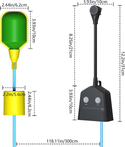 Sump Pump Alarm WiFi, Smart High/Low Water Level Alarm with Alarm-activated Outlet, Free App Alerts,Built-in Backup Battery,110dB Siren,10ft Float Switch for Septic Tank, Sump Pump, Ponds & Water Tank
