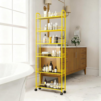 10in 6-Tier Slim Storage Cart with Wheels, Metal 10in Wide Black Narrow Rolling Shelf, Sturdy Slim Storage with Hooks Ideal for Kitchen, Bathroom, and Laundry Room