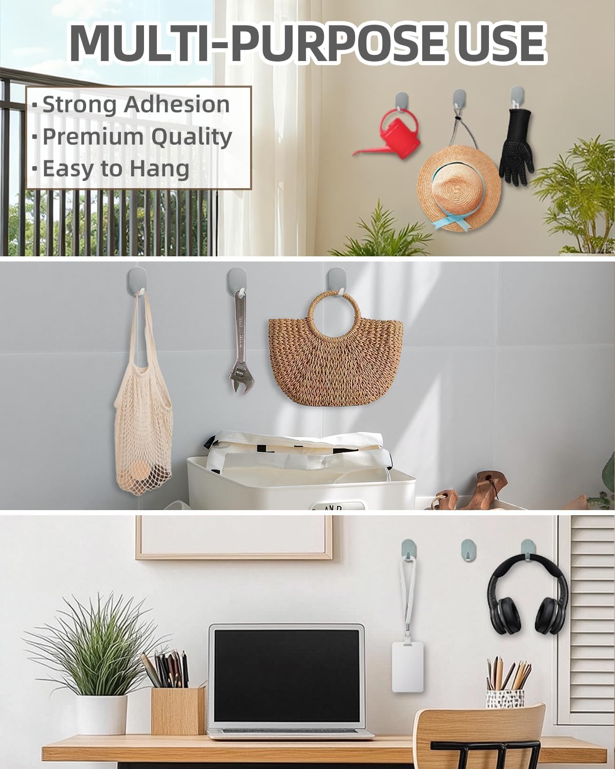White Adhesive Hooks, 6-Pack Heavy Duty No Drill Bathroom Hooks | Waterproof & Rustproof Stainless Steel, Strong Adhesion, Holds Up to 11 lbs, Self Adhesive Wall Hooks for Towels & Robes