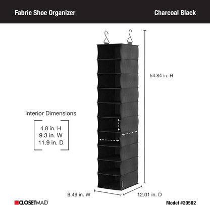ClosetMaid 10-Shelf Fabric Hanging Shoe Storage Organizer for Closet, Charcoal Black