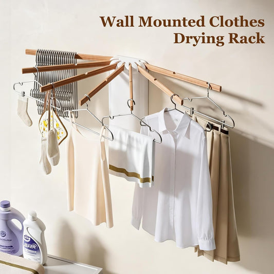 Foldable Tripod Clothes Drying Rack, Portable Space Saving Laundry Drying Rack, Sturdy Beech Wood Garment Dryer Hanger for Indoor Outdoor Balcony (Wall -Mounted Drying Rack)