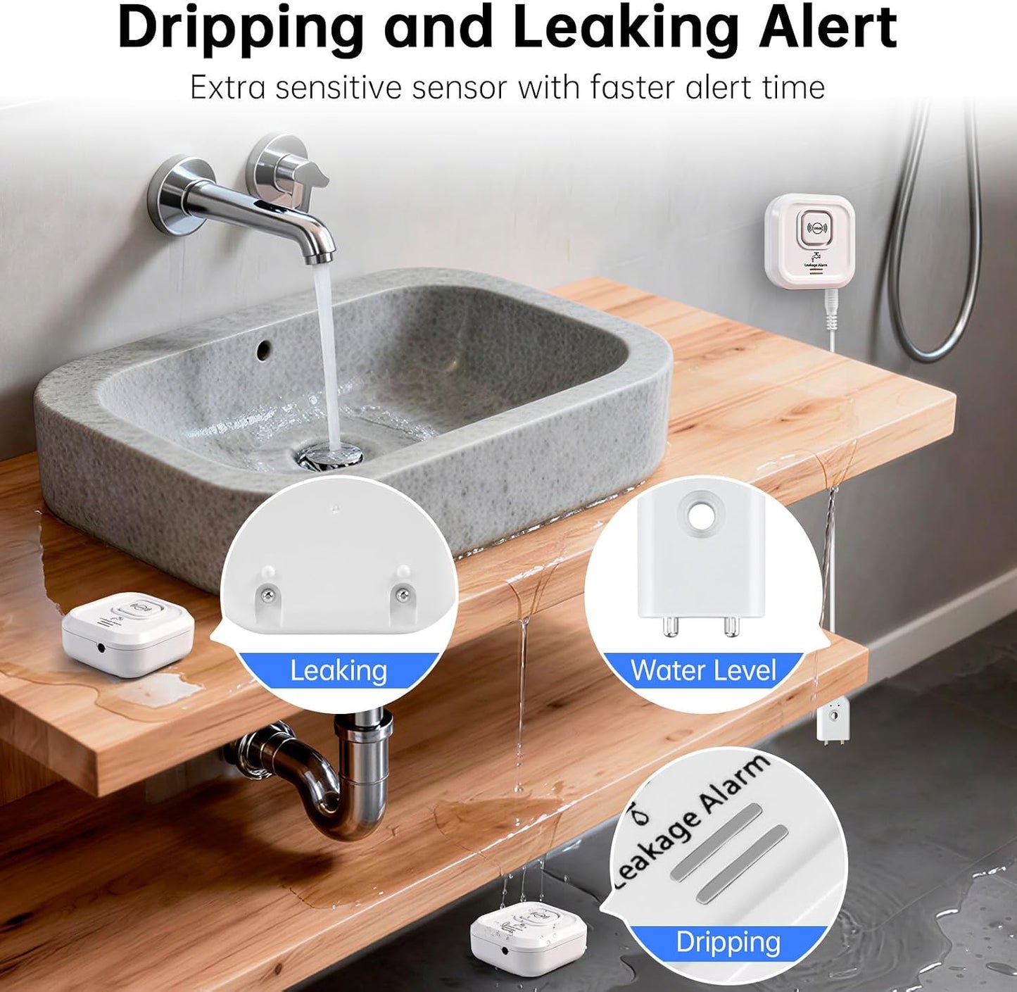 WiFi Water Leak Detectors 100dB Smart Water Sensor Alarm with 3.22 ft Sensor Cable Triple Detection Mode, with App Remote Monitor, Wireless Tank Level Monitor for Basement, Kitchen, Bathroom(1pack)
