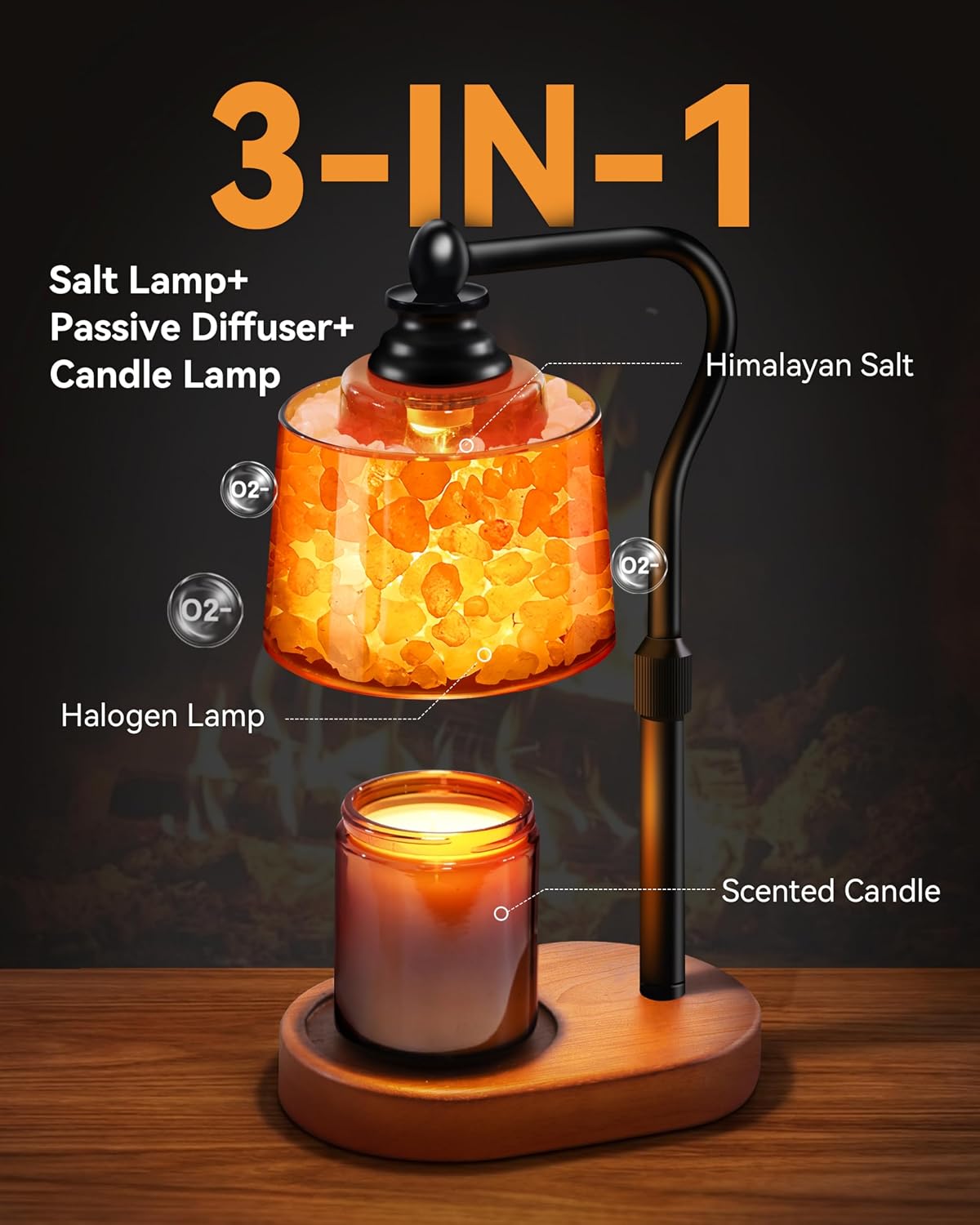 3-in-1 Candle Warmer Lamp with Timer Dimmable, Himalayan Salt Lamp & Passive Diffuser, Gifts for Women, House Warming Gifts, Wax Melt Warmer for Jar Candles (2 Bulbs)