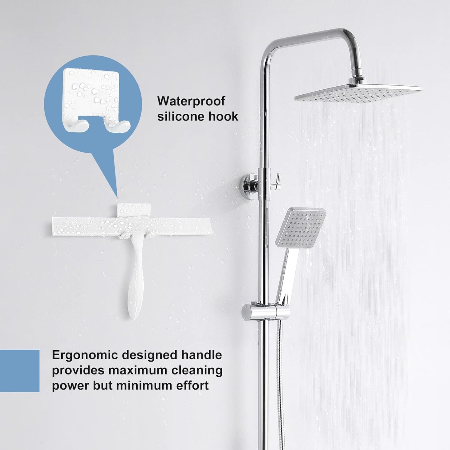Shower Squeegee for Glass Doors, 11-Inch Silicone Squeegee with Non-Slip Handle and Adhesive Hook for Bathroom, Mirror, Tile, Car Window (Black)