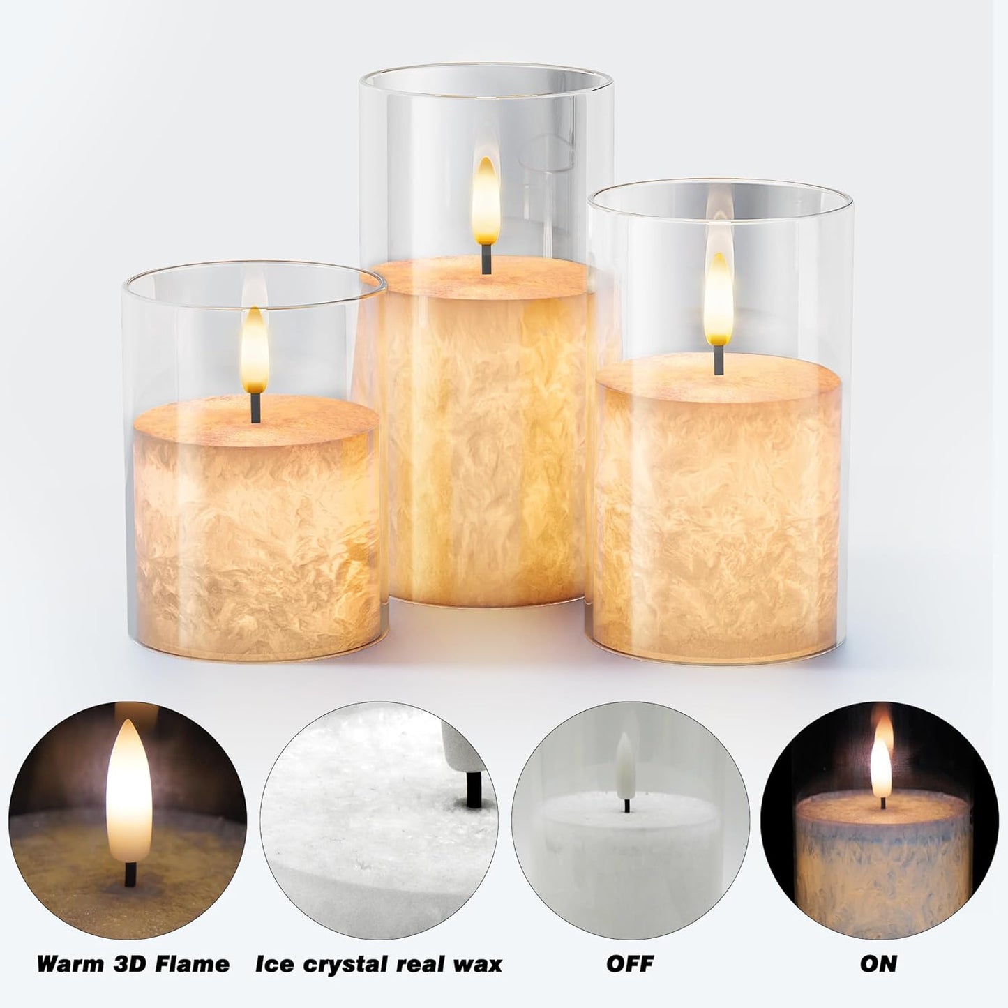 VIODAIM Ice Crystal Real Wax Glass Flameless Candles with Remote & Timer, Battery Operated Candles with Warm Flickering Flame, Realistic LED Candle for Wedding Home Decor [D3×H4/5"/6"] Gold, 3Pack