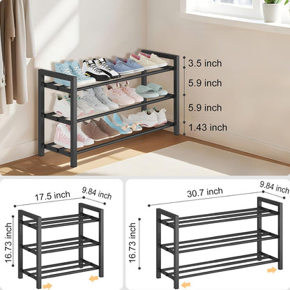 Detsuk 4-Tier Expandable Shoe Rack – Adjustable Metal Shoe Organizer for Closet, Entryway & Mudroom – Stackable, Heavy-Duty Storage, Black