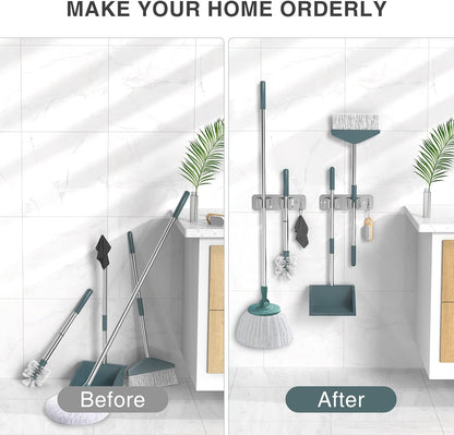 homeasy Wall Mount Mop and Broom Holder, Heavy Duty Stainless Steel Organizer Rack with Hooks | 2-Pack, 2-in-1 No Drill & Screw Installation, Black