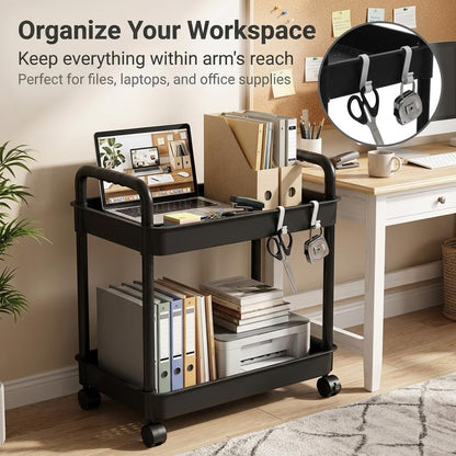 2-Tier Black Rolling Storage Cart with 4 Hanging Hooks - Slim Mobile Utility Cart Organizer, Compact Multi-Functional Narrow Rolling Shelf Rack on Wheels for Kitchen, Bathroom, Laundry Room, Office