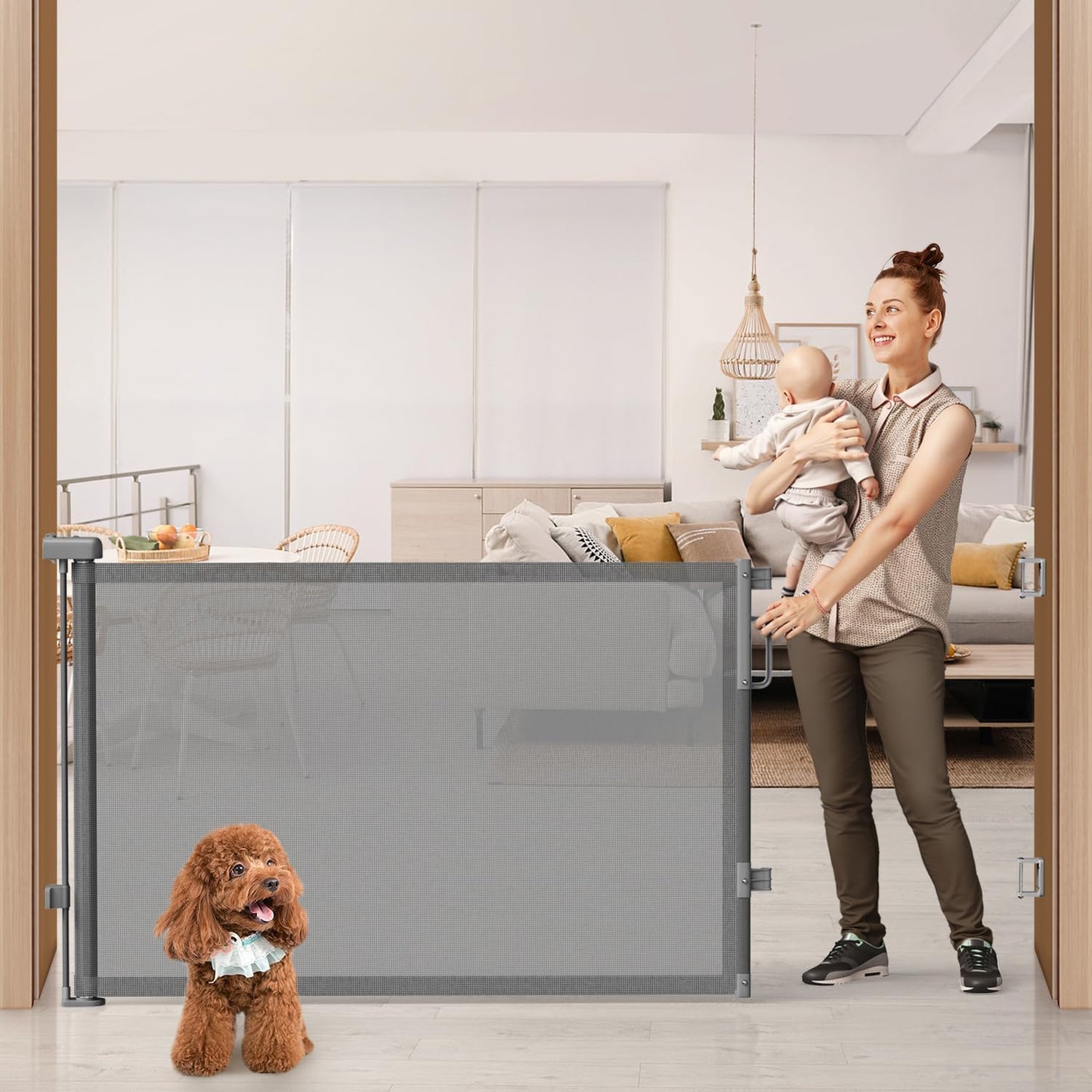 Retractable Baby Gate for Stairs & Doorways, Mesh Dog Gate Indoor Outdoor, Extends to 55" Wide 34" Tall Child Gate for Hallways, Deck, Porch, Pet Toddler Safety Essentials, Easy Install, Grey