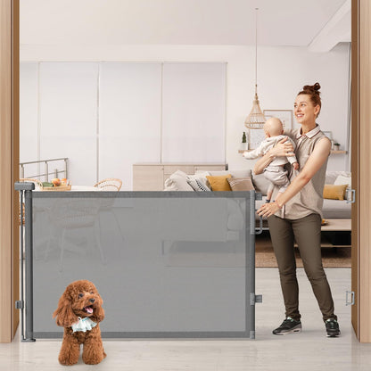 Retractable Baby Gate for Stairs & Doorways, Mesh Dog Gate Indoor Outdoor, Extends to 55" Wide 34" Tall Child Gate for Hallways, Deck, Porch, Pet Toddler Safety Essentials, Easy Install, Grey