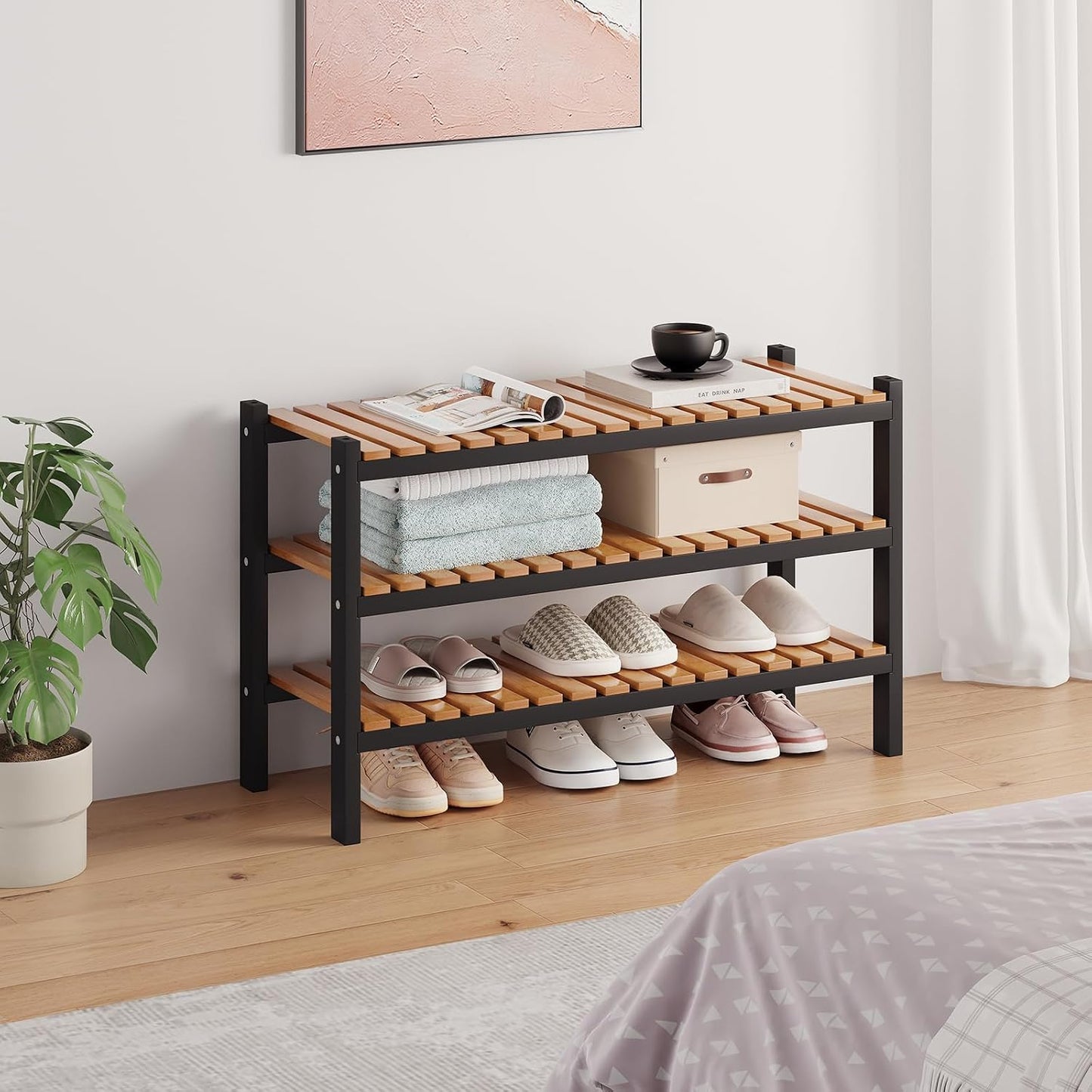 Bamboo Shoe Rack Organizer for Closet and Entryway - Space-Saving Narrow Shoe Stand - Versatile Shoe Holder for Door or Closet Shelf, Garage Bedroom can Freely Stack DIY Small Shoe Racks 3 Tier