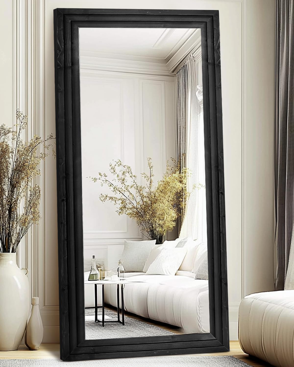 Full Length Mirror 65"x22" with Stand Solid Wood Frame Floor Large Mirror for Living Room, Bedroom Hanging Standing or Leaning Wall-Mounted, New Black