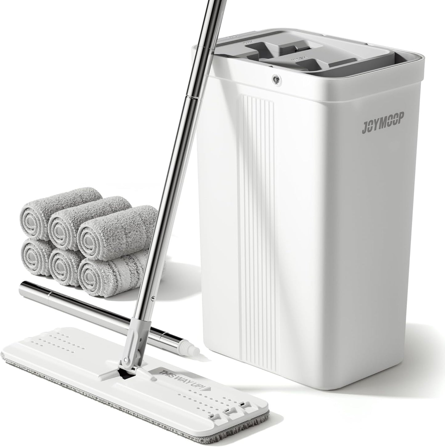 JOYMOOP Mop and Bucket Set, Flat Mops for Floor & Wall Cleaning, Commercial & Household Use, Hardwood Floor Mop with Long Handle & 4 Microfiber Pads