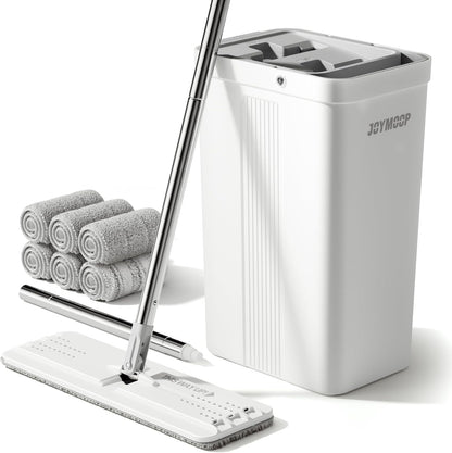 JOYMOOP Mop and Bucket Set, Flat Mops for Floor & Wall Cleaning, Commercial & Household Use, Hardwood Floor Mop with Long Handle & 4 Microfiber Pads