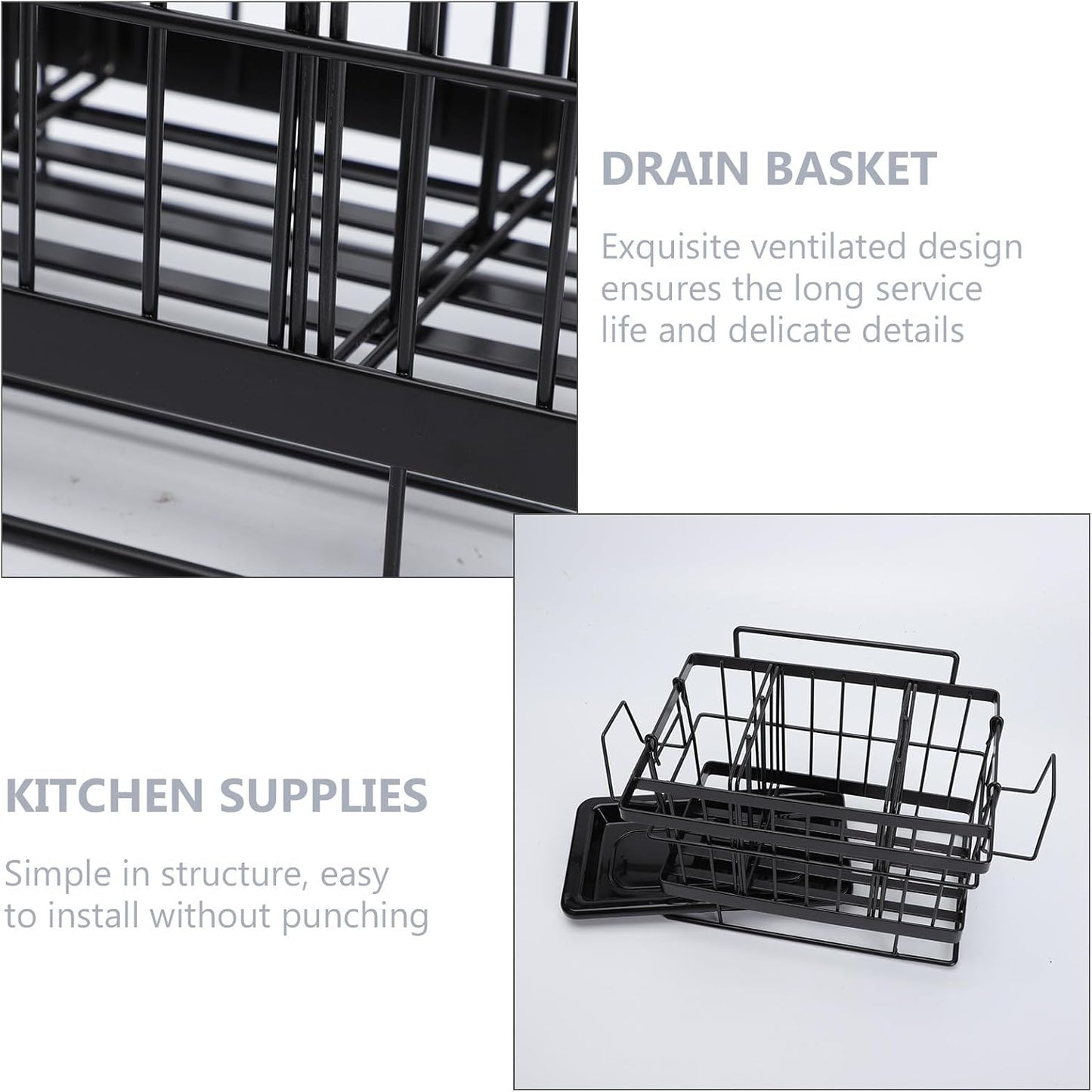 Outanaya Adjustable Stainless Steel Sponge Drain Shelf and Rag Storage Rack for Kitchen Sink, Black Wall-mounted Dish Cloth Holder with Drain Basket, 1pcs Kitchen Organizer for Cleaning