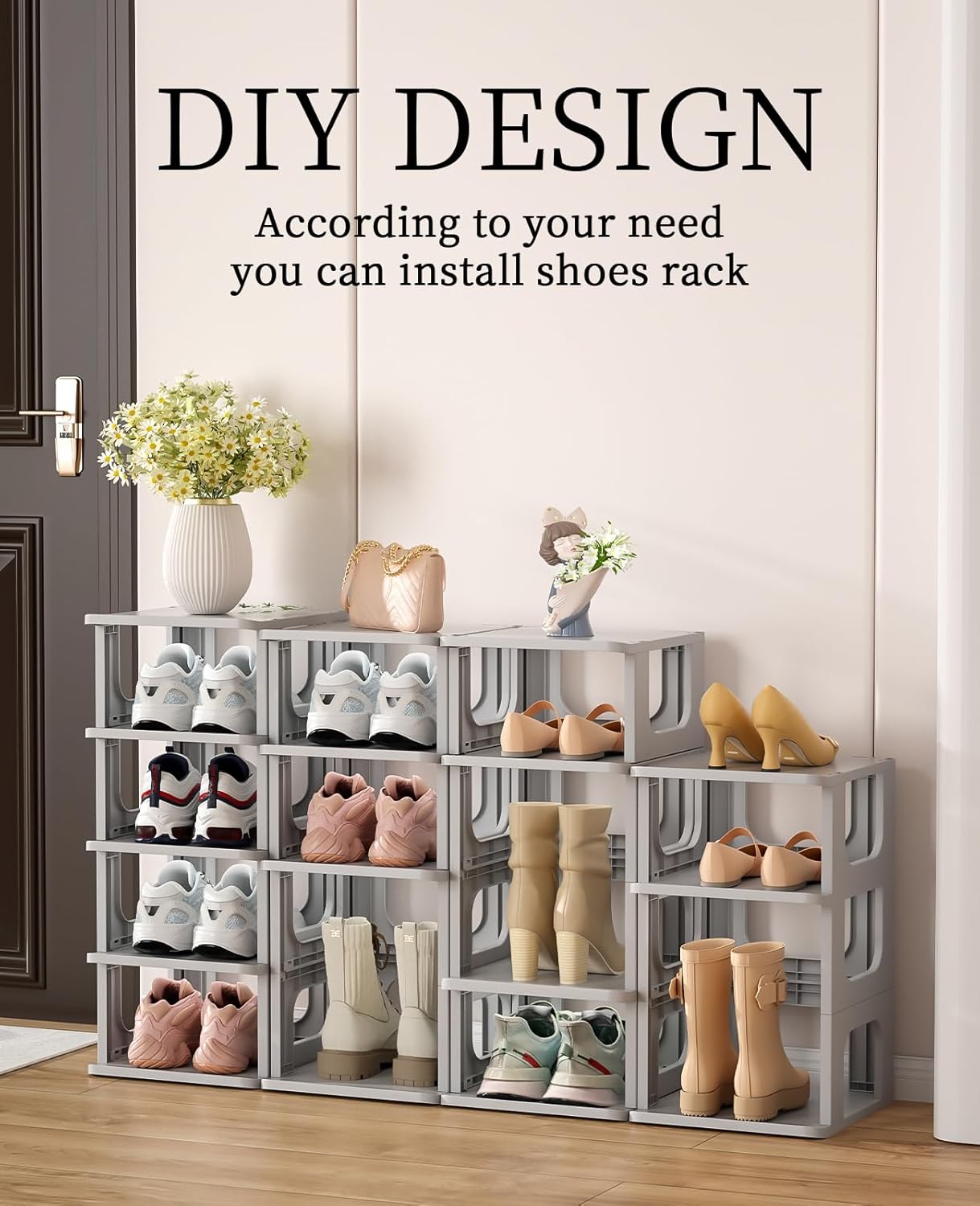 HAIXIN Shoe Organizer Rack for Small Spaces 5 Tier Plastic Vertical Narrow Shelves for Closet Black Shoe Holder, Stand for Entryway Storage Boots Organizer Stackable Cabinet