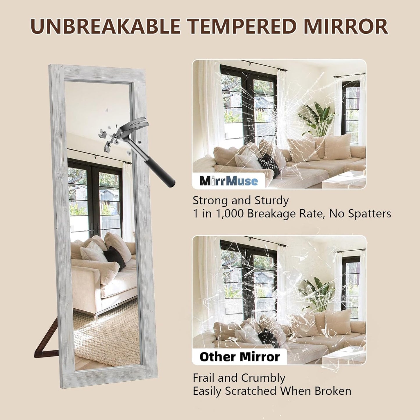 Rustic Standing Full Length Mirror Wood Frame, 56"X21" Farmhouse Floor Mirror for Bedroom Living Room Entryway, Hanging or Leaning Wall-Mounted Full Body Mirror, Tempered Glass, White
