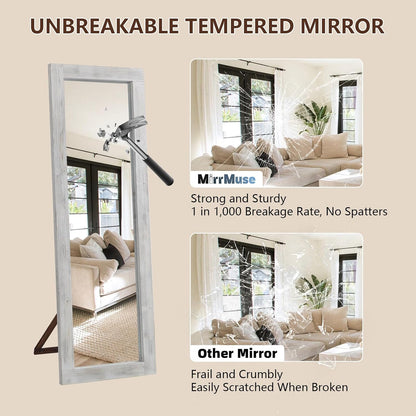 Rustic Standing Full Length Mirror Wood Frame, 56"X21" Farmhouse Floor Mirror for Bedroom Living Room Entryway, Hanging or Leaning Wall-Mounted Full Body Mirror, Tempered Glass, White