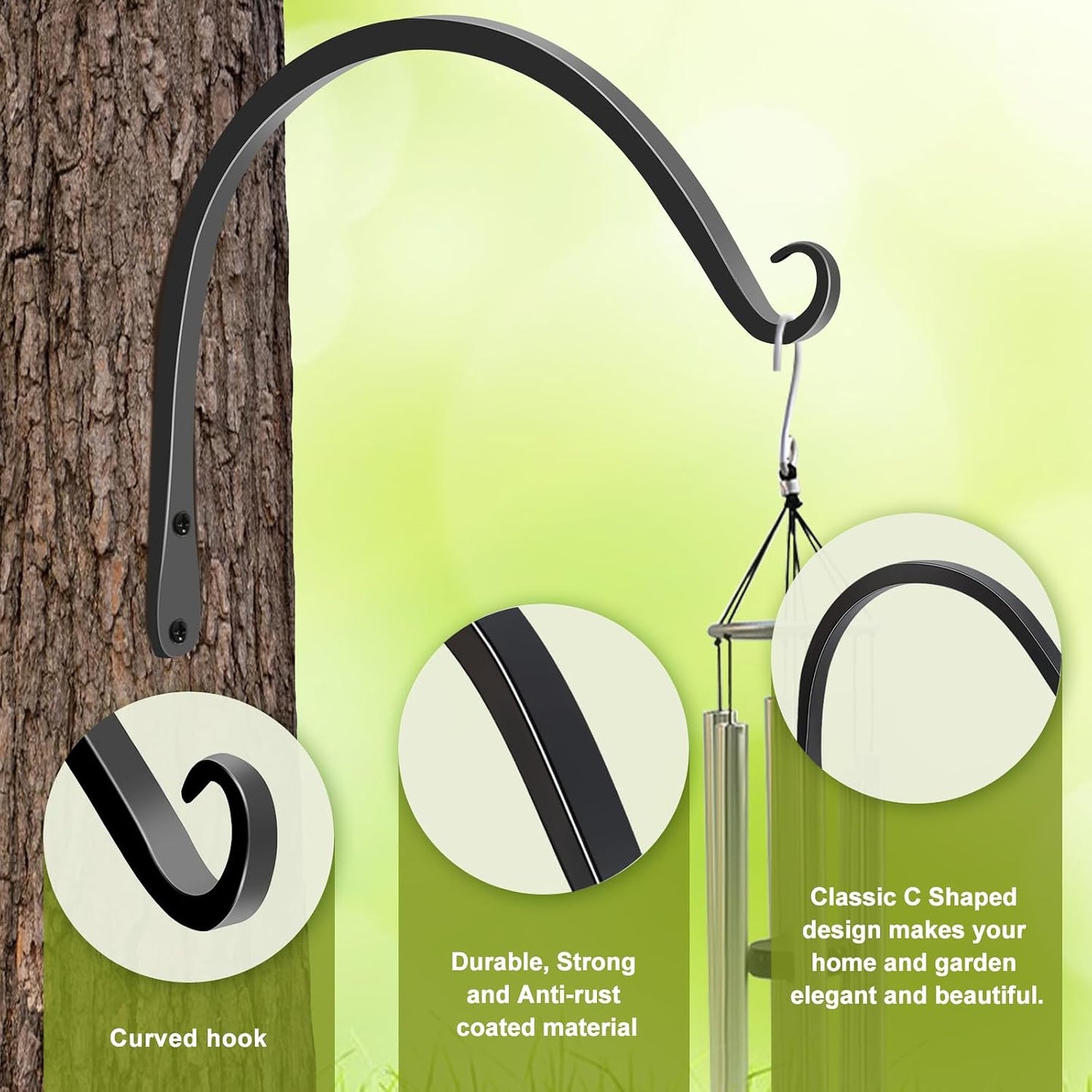 FEED GARDEN Heavy Duty Plant Hangers Outdoor Indoor, 8 Inch 2 Pack Metal Hanging Bracket Holds Up to 44 lbs, Wall Brackets for Hanging Baskets, Bird Feeders,Wind Chime& Lanterns, Black