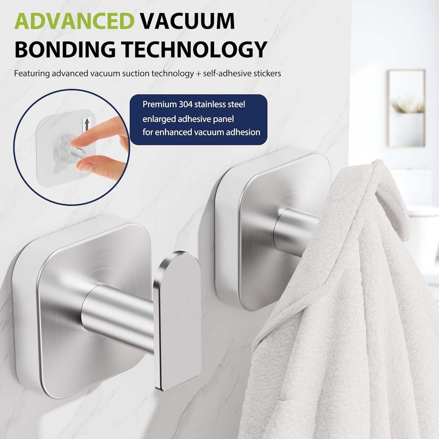 Aikzik Large Heavy Duty Wall Hooks - 26lb Max, Stainless Steel Replaceable Adhesive Towel Hook, Hooks for Hanging Towel, Coat, Sticky Towel Holder Stick on Bathroom, Shower, Kitchen, Black(2 Pack)
