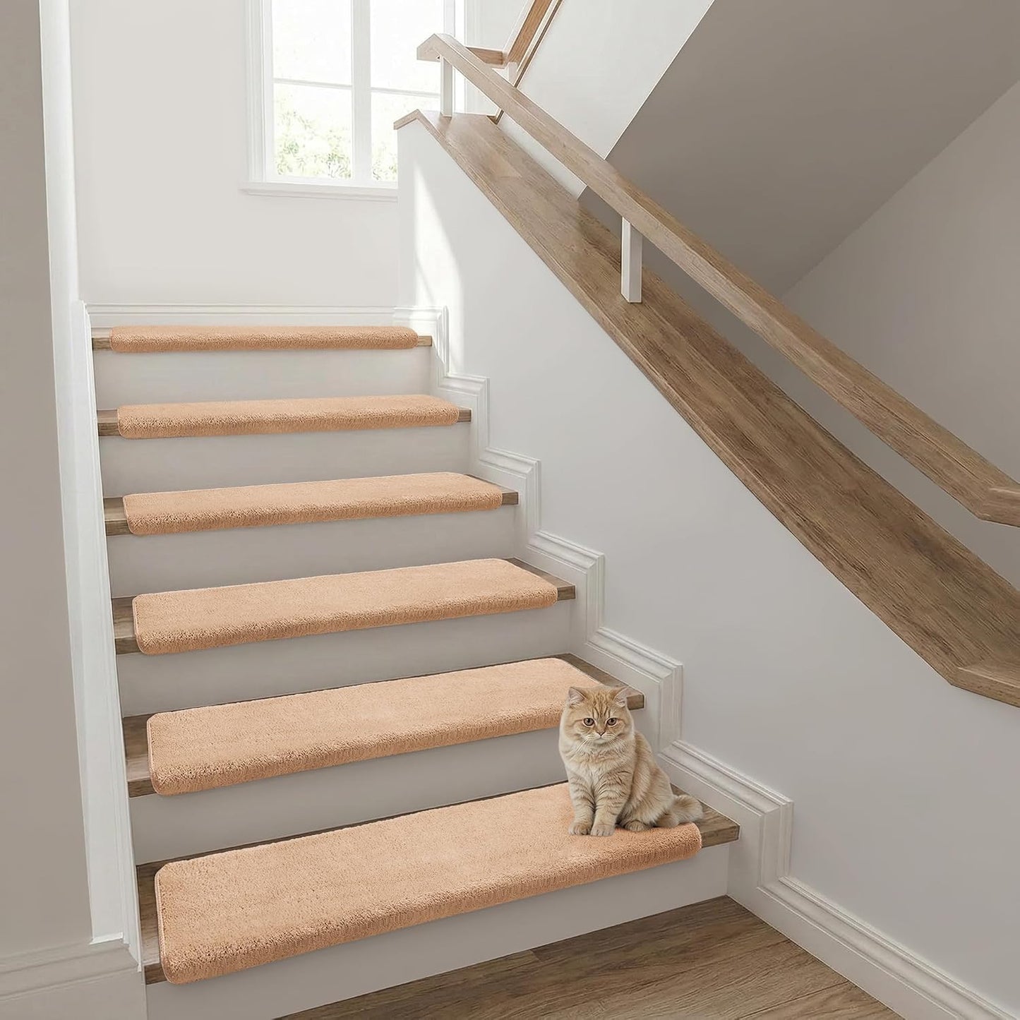 Bullnose Stair Treads Non Slip 9.5" x 32", 14 Pcs Ultra Plush Carpet Stair Treads for Wooden Steps Indoor with Edge Protection, Reusable Peel and Stick TPU Backing Stair Runner Rugs - Beige Gray