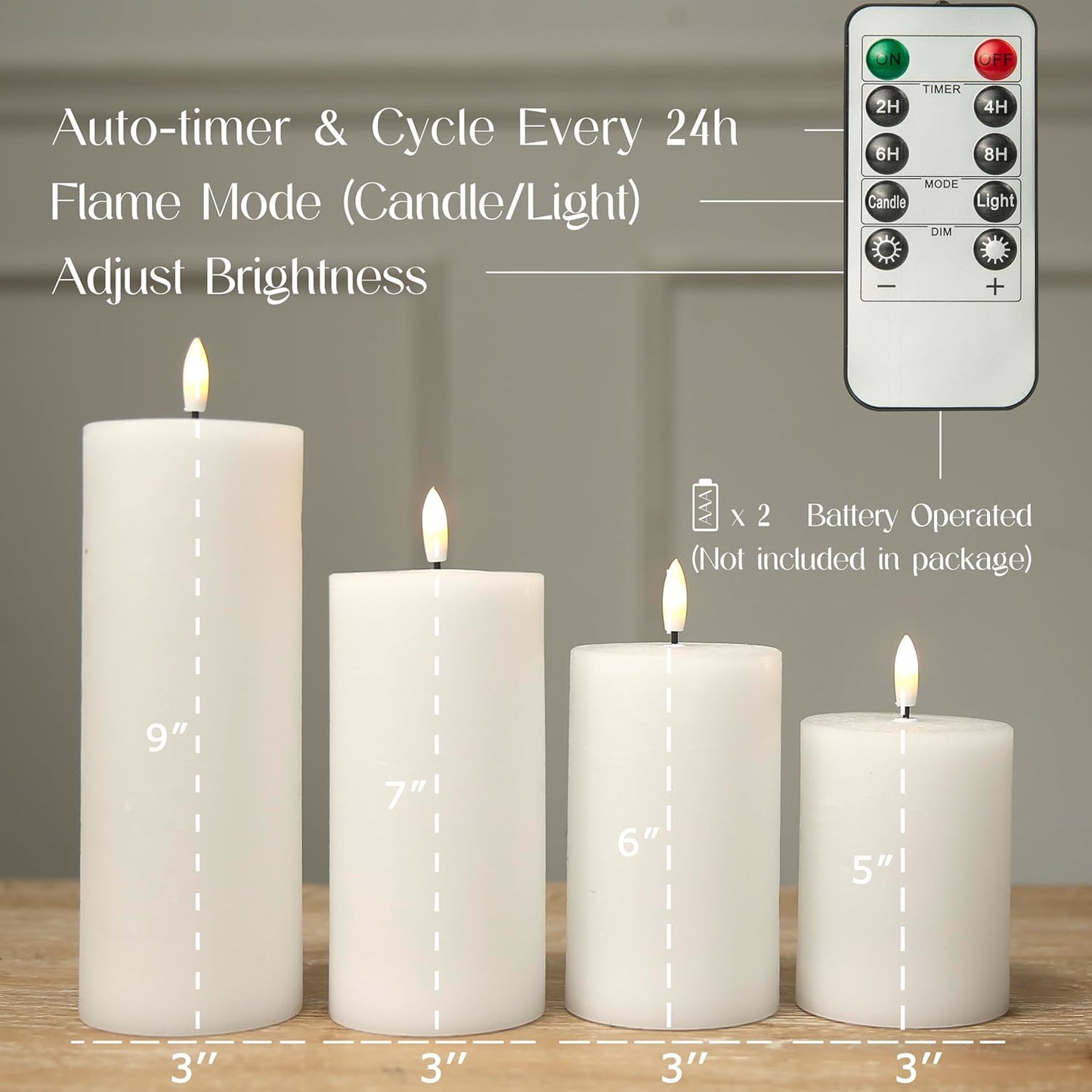 LUSHARBOR Flameless Candles, 4 Pack Battery Operated Candles with Remote, Real Wax LED Fake Candles with Timer Flickering for Christmas Wedding Home Party D3 H 5" 6" 7" 9" White