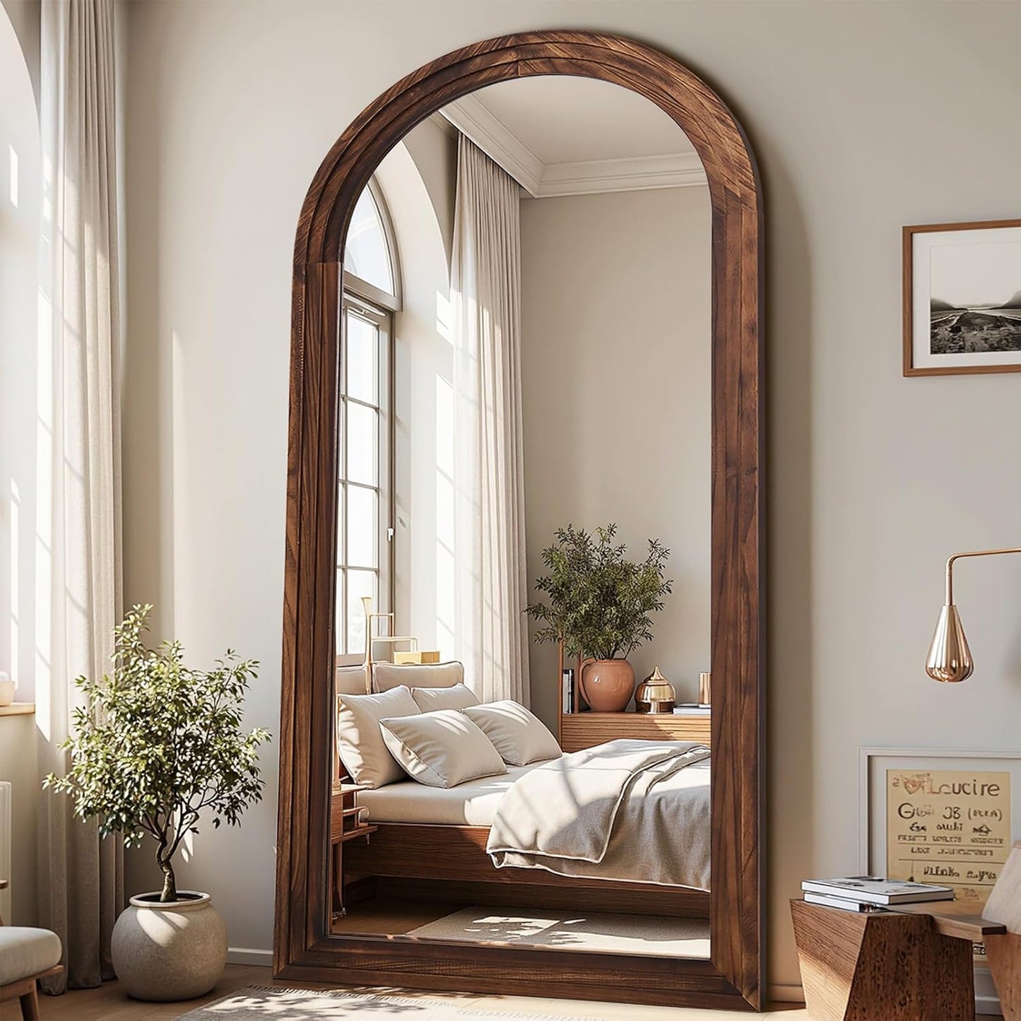 Antok Full Length Mirror with Solid Wood Frame, 71"×32" Wall Mounted Oversized Floor Mirror with Stand, Leaning Standing Hanging for Bedroom Living Room Entryway, Walnut, Arched Syle