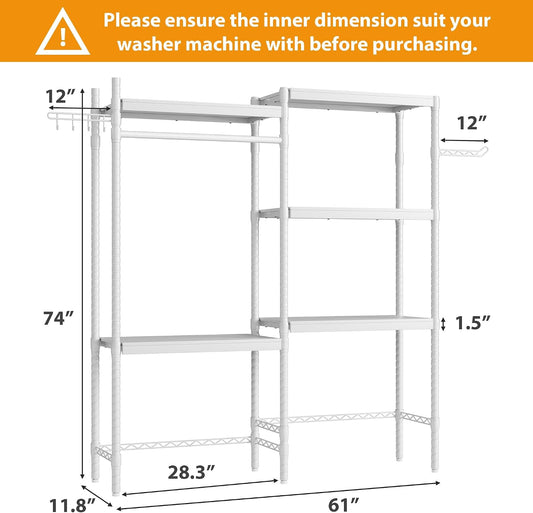 IDEALHOUSE 28" Over-The-Washer Shelf - 5-Tier Heavy Duty Laundry Organizer with Shelf Capacity, Double Wood Shelves for Stackable Units (White)