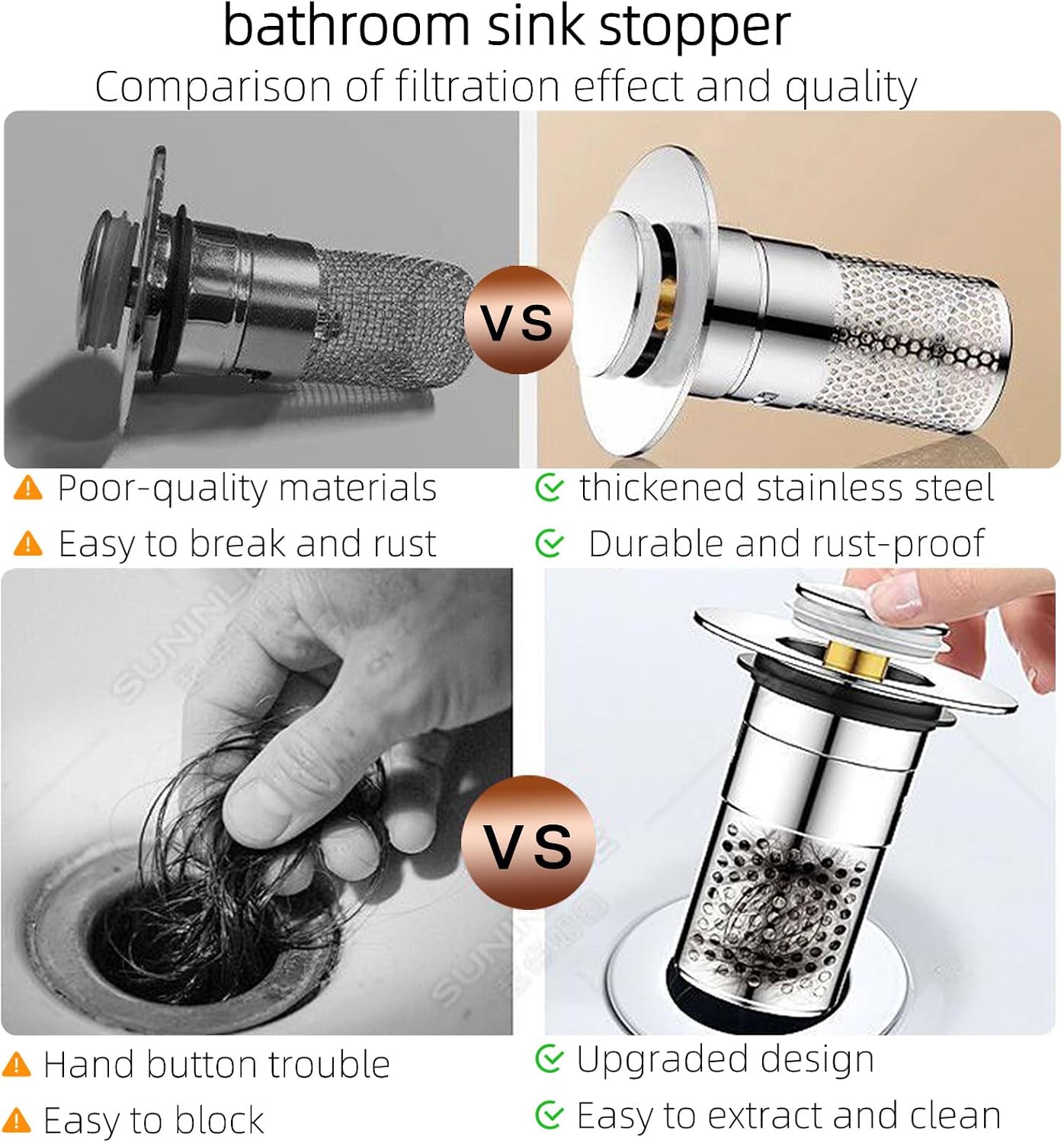 2 PCS 3-in-1 Bathroom Sink Drain Strainer Stopper，Stainless Steel Pop-up Strainer Basket Hair Catcher with Removable Basket, Brass Bullet Core, Universal Fit for Bathtubs, Showers & Floor Drains