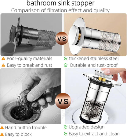 2 PCS 3-in-1 Bathroom Sink Drain Strainer Stopper，Stainless Steel Pop-up Strainer Basket Hair Catcher with Removable Basket, Brass Bullet Core, Universal Fit for Bathtubs, Showers & Floor Drains