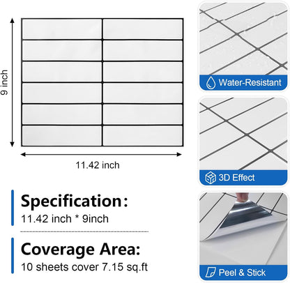 Peel and Stick Backsplash Tiles – Easy DIY Self-Adhesive Subway Wall Tiles, 10 Pack for Kitchen & Bathroom, 11.42'' x 9'' (White Grey)
