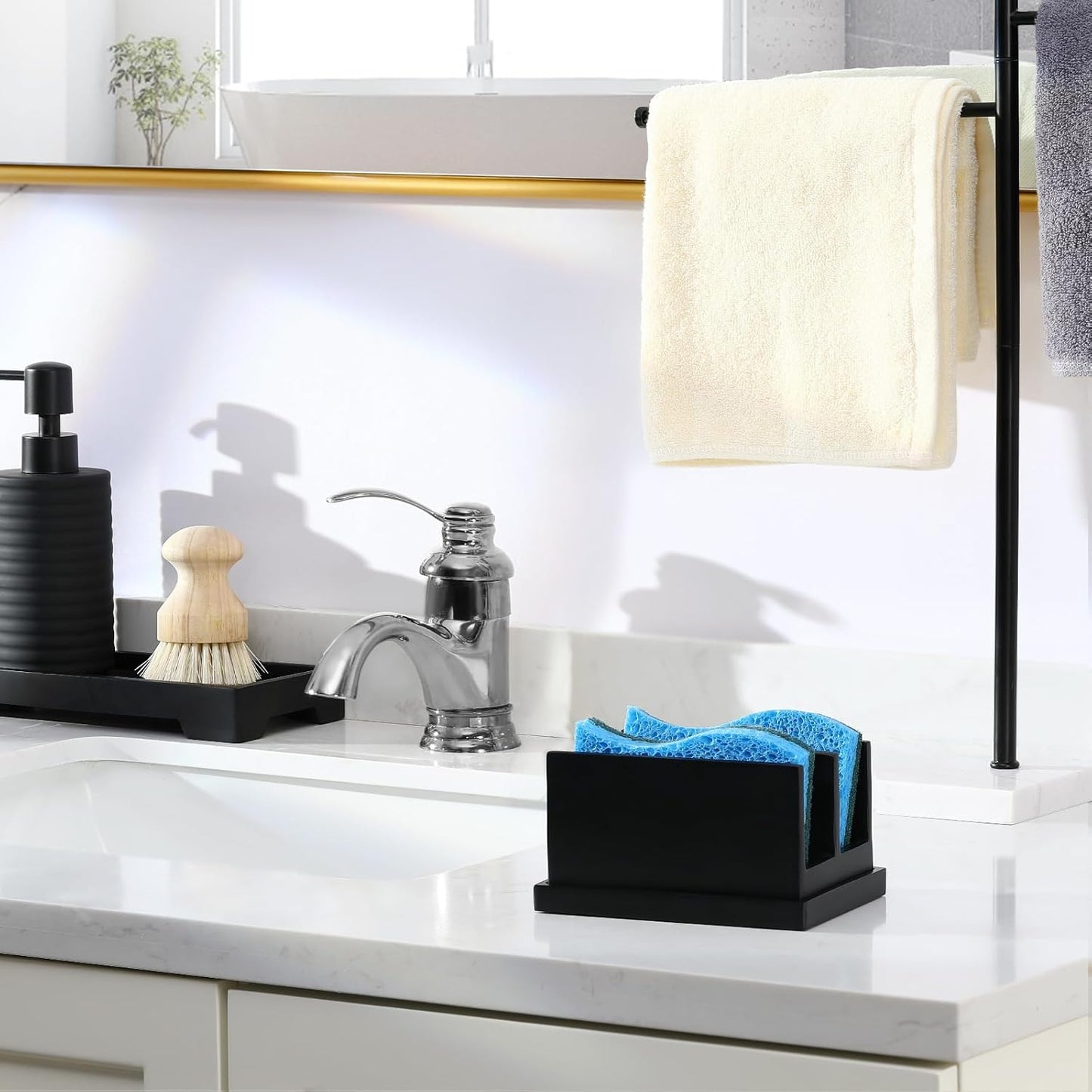 Luxspire Kitchen Sponge Holder, Dish Sponge Holder with with Drain Tray, Marble Sponge Holder for Kitchen Sink, Kitchen Sink Caddy 2 Compartments, Gravel White