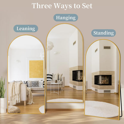 Full Length Mirror with Stand, 71"x28" Arched Full Body Large Stand Up Aluminum Frame Floor Standing Mirror, Freestanding Hanging Leaning Mounted for Bedroom Living Room Entryway Gold