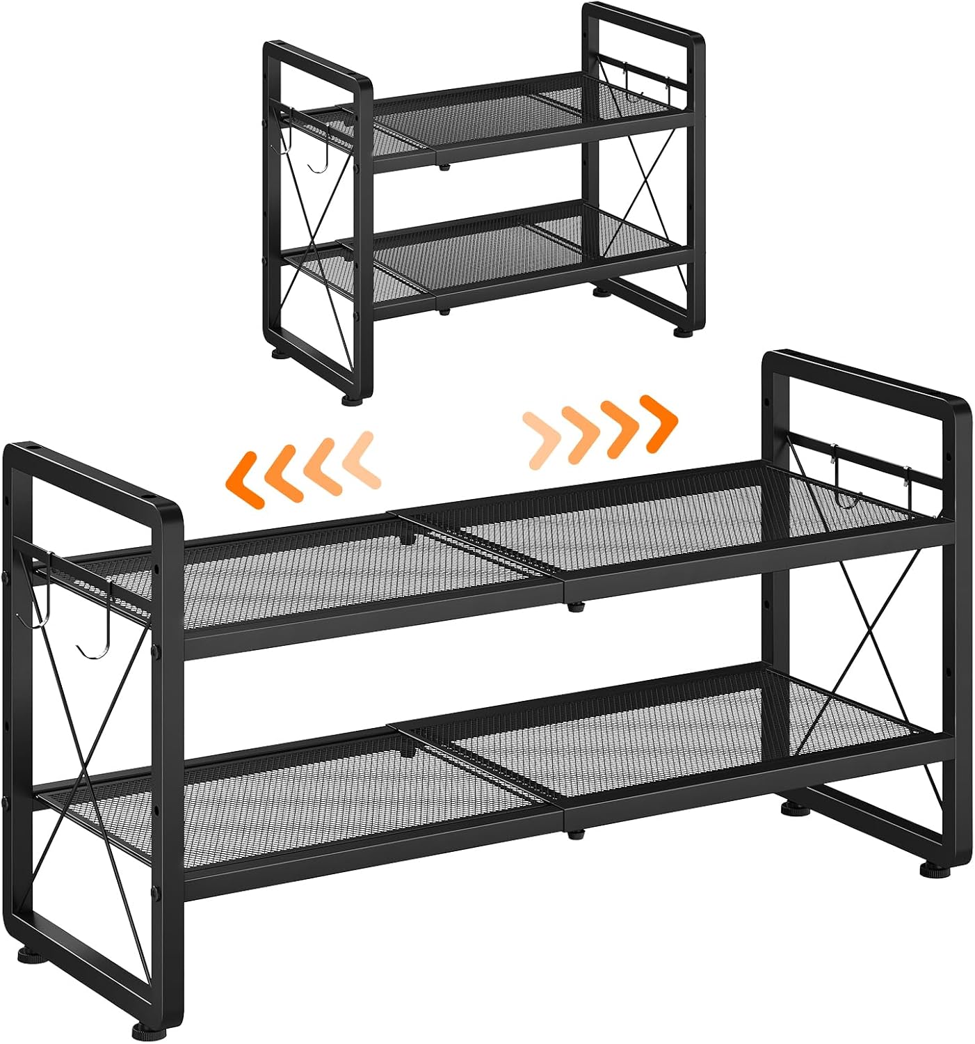 ELYKEN Shoe Rack, 2-Tier Expandable Shoe Organizer for Closet, Metal Black Shoe Shelf with 4 Hooks, Adjustable Shoe Stand Holder for Entryway, Garage, Door Entrance